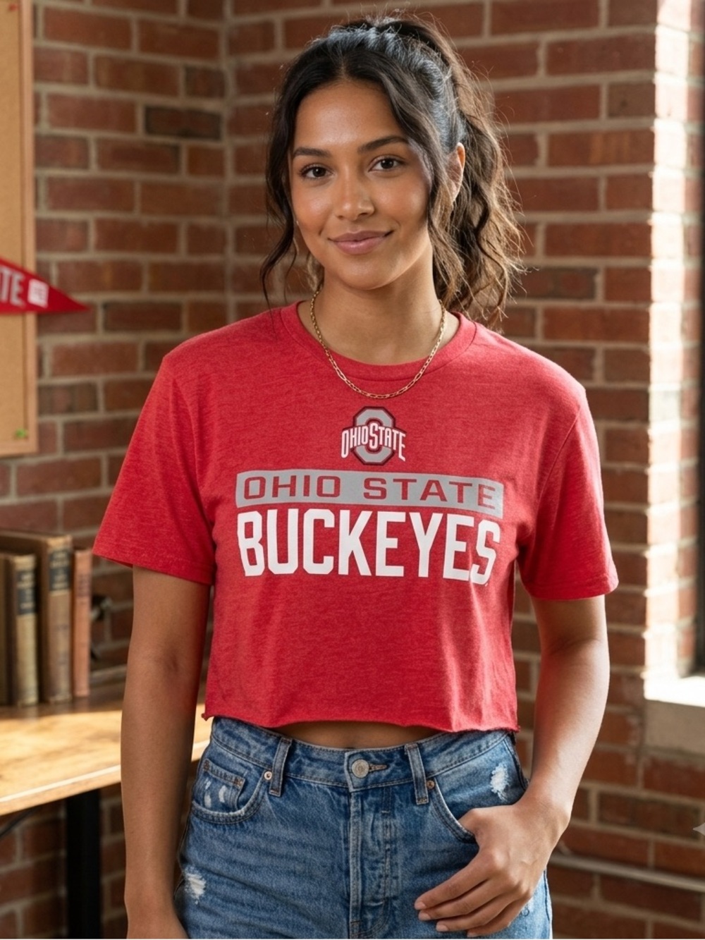 Custom Cropped Ohio State Buckeyes, Pro Edge Red T-shirt, size large, Women’s